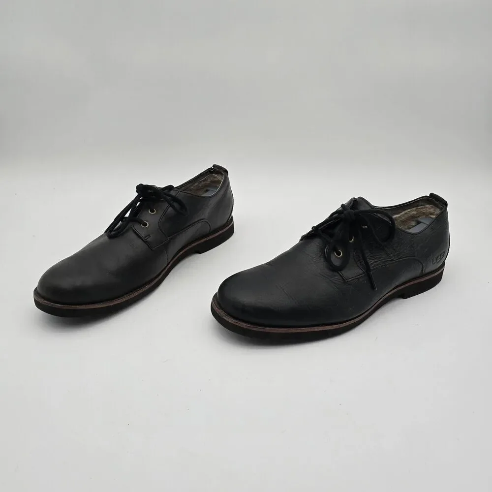 UGG Shoes Mens 11 Black Klayton Oxford Loafer Slip On Leather Lace Up Shearling